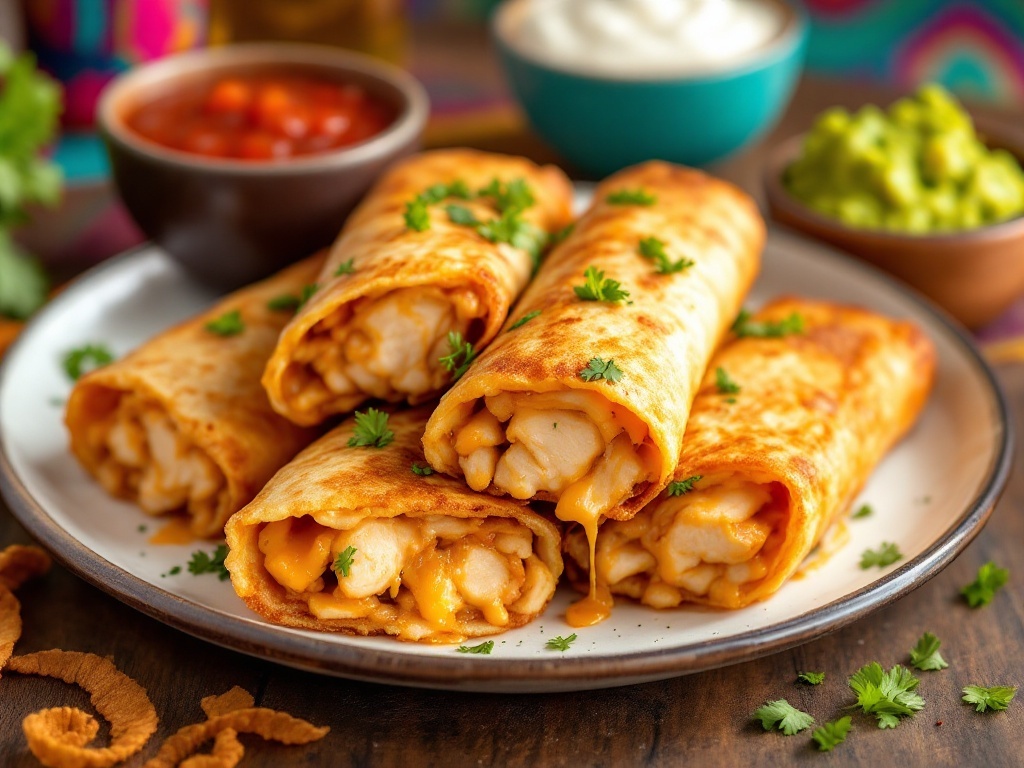 Crispy Chicken Chimichangas Recipe Crispy chicken chimichangas served with salsa, sour cream, and guacamole on a vibrant plate.